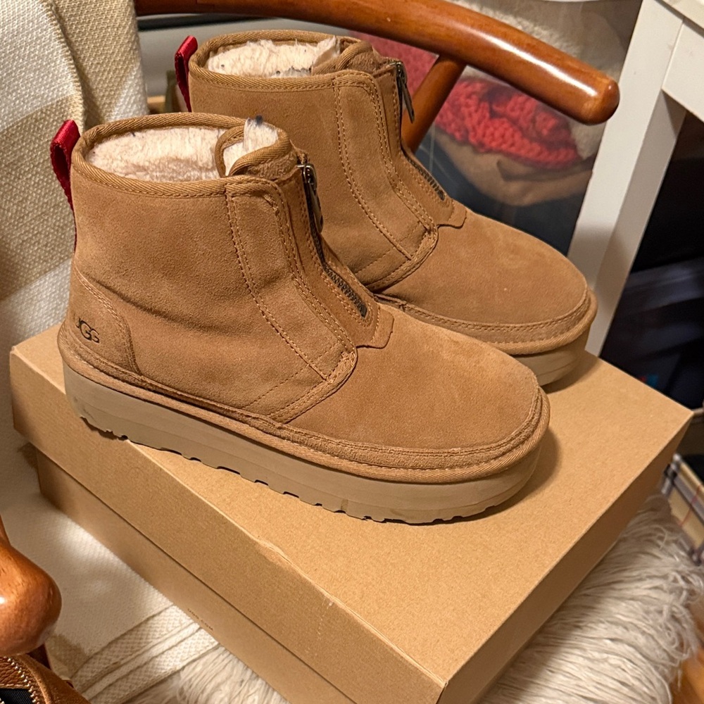 UGG Tan Suede Boots with Red Detail